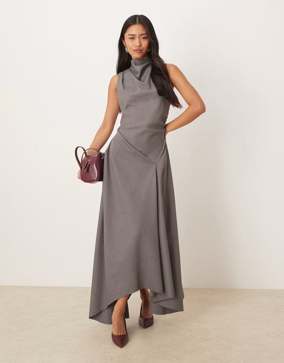 ASOS ASOS DESIGN draped high neck hanky hem maxi dress in grey - 4