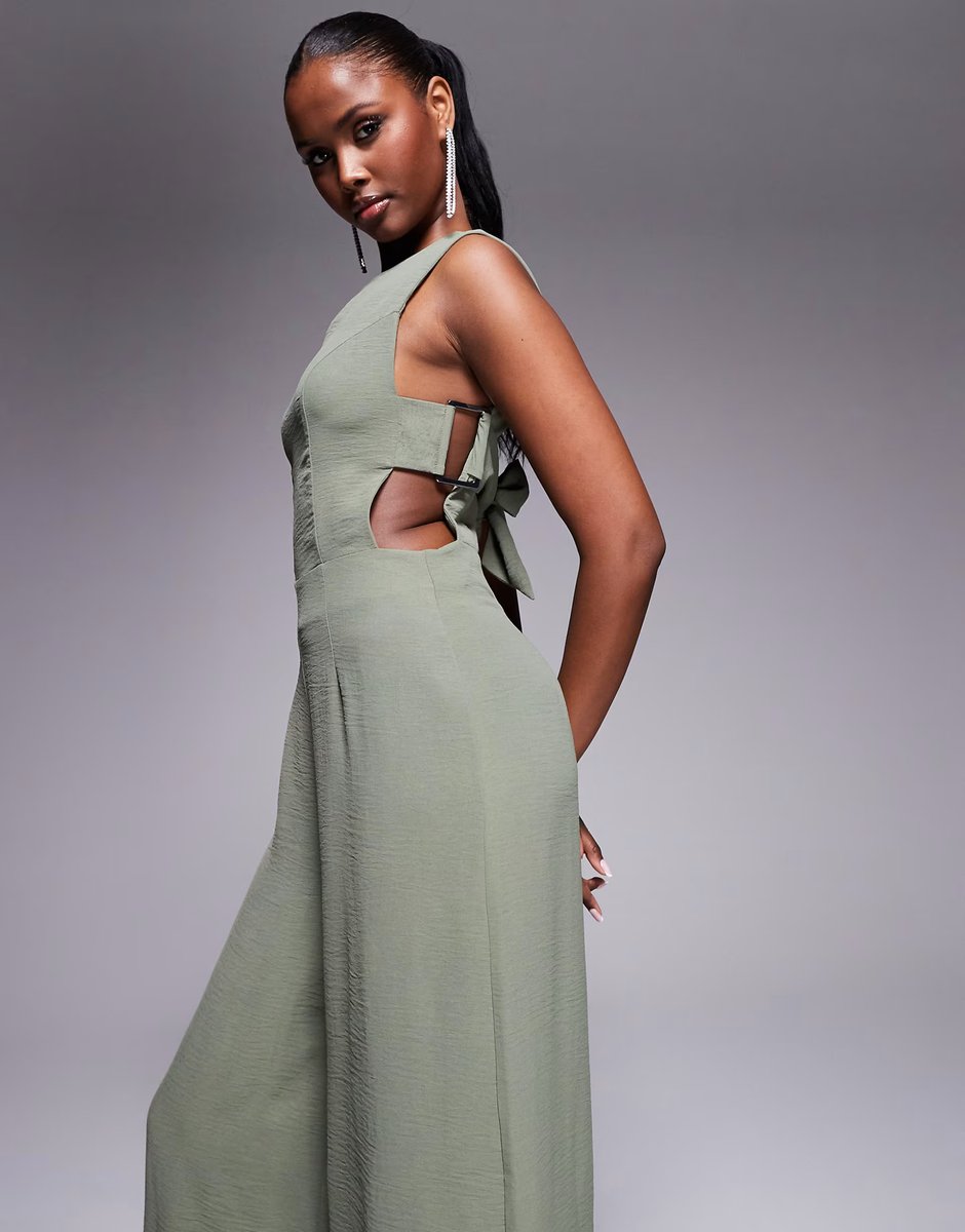 ASOS ASOS DESIGN buckle detail wide leg jumpsuit in khaki - 3