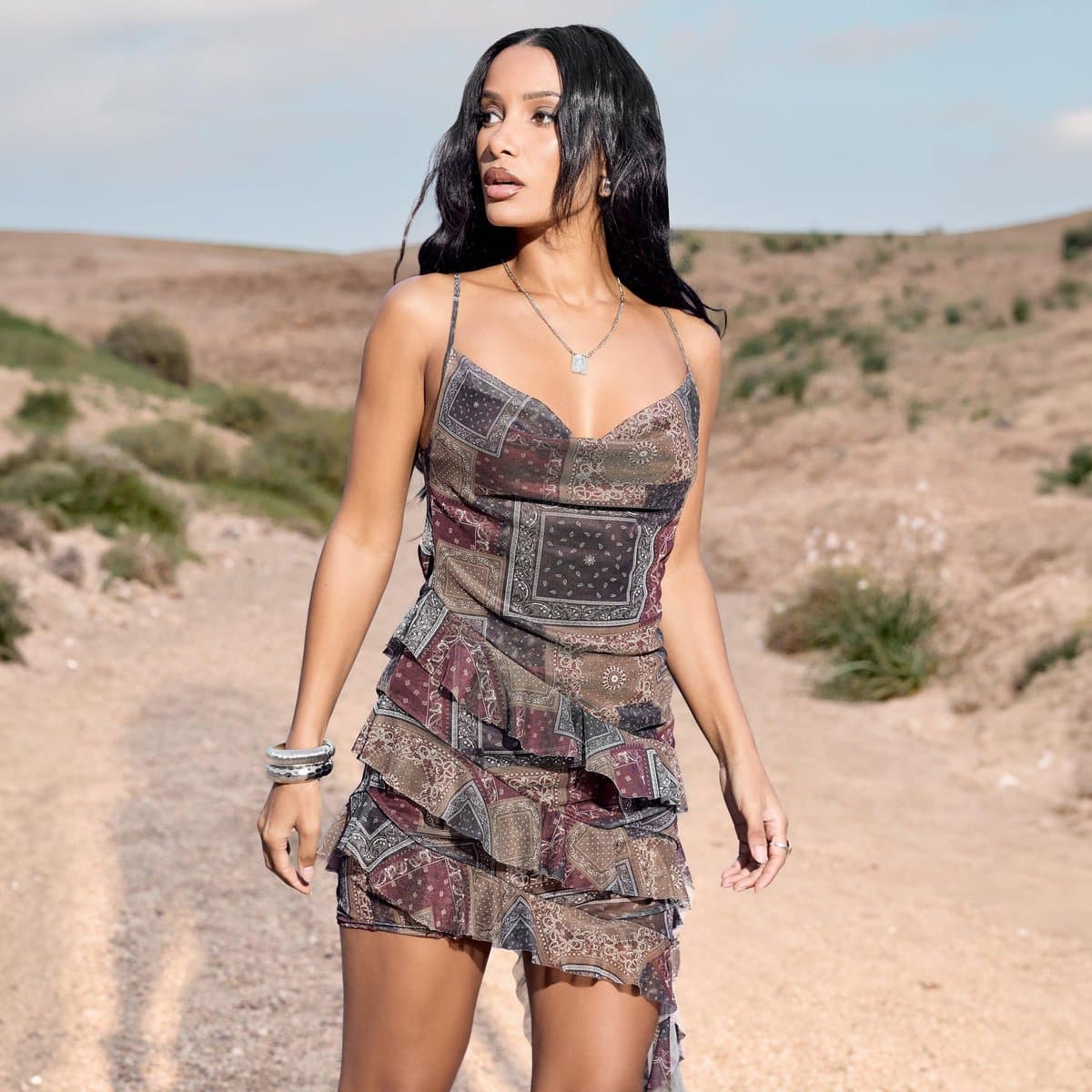 EGO Cowl Neck Asymmetric Drape Frill Mini Dress In Brown Paisley Print Mesh, Women's Size UK 6