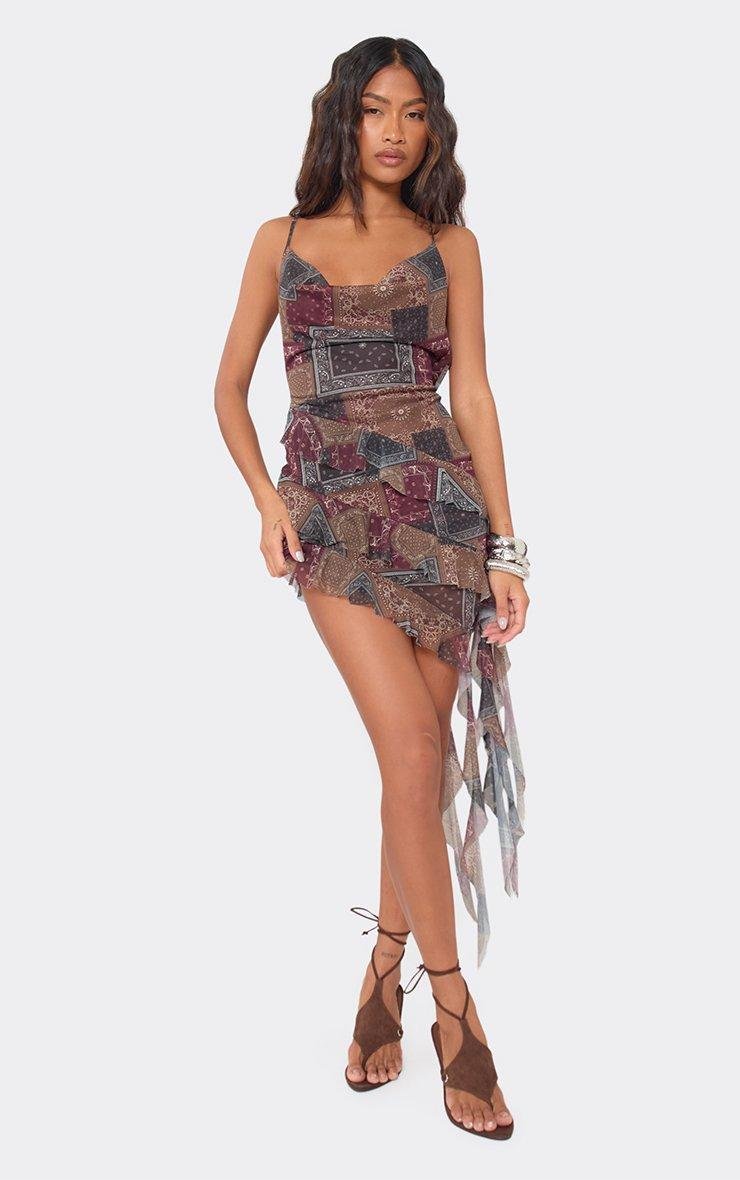 EGO Cowl Neck Asymmetric Drape Frill Mini Dress In Brown Paisley Print Mesh, Women's Size UK 6 - 2