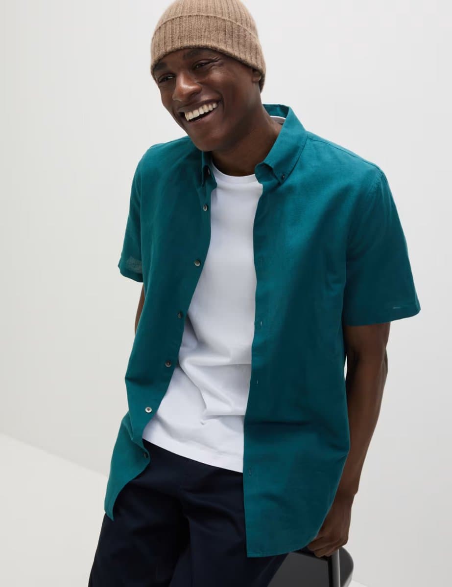 Marks & Spencer M&S Linen Cotton Short Sleeve Shirt Evergreen