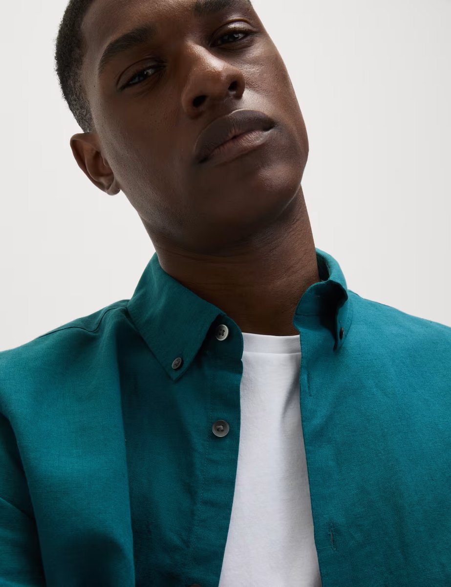 Marks & Spencer M&S Linen Cotton Short Sleeve Shirt Evergreen - 3