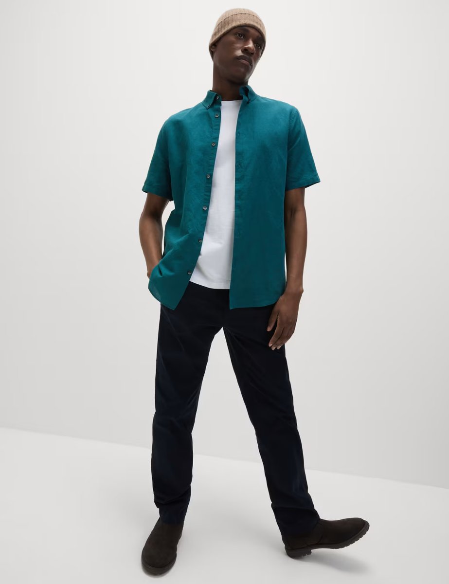 Marks & Spencer M&S Linen Cotton Short Sleeve Shirt Evergreen - 4