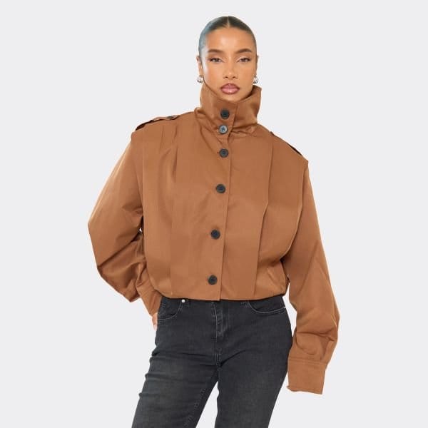 EGO Button Down Pleated Detail Cropped Trench Coat In Brown, Women's Size UK Large L - 1