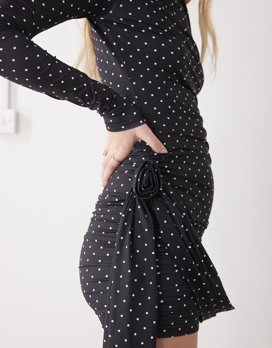 ASOS Lioness Glory slinky slash neck ruched drape waist detail mini dress in black polka dot - 4
