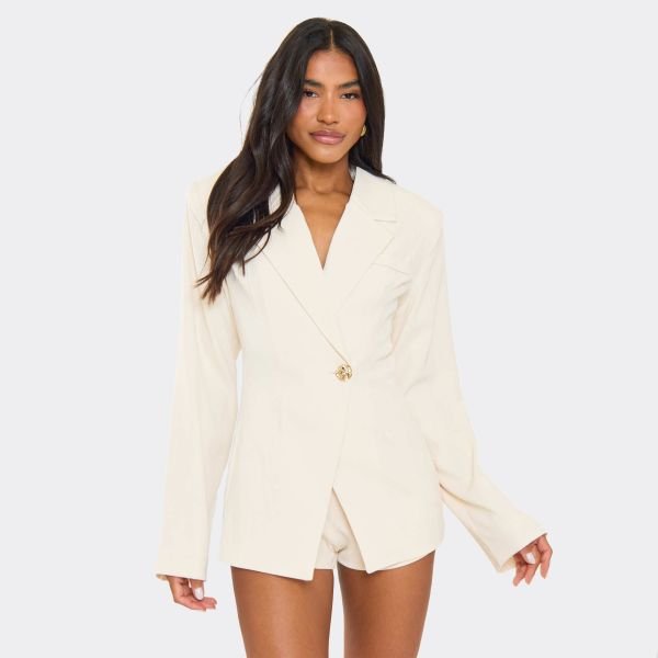 EGO Long Sleeve Cinched Waist Blazer Playsuit In Cream, Women's Size UK 4 - 1