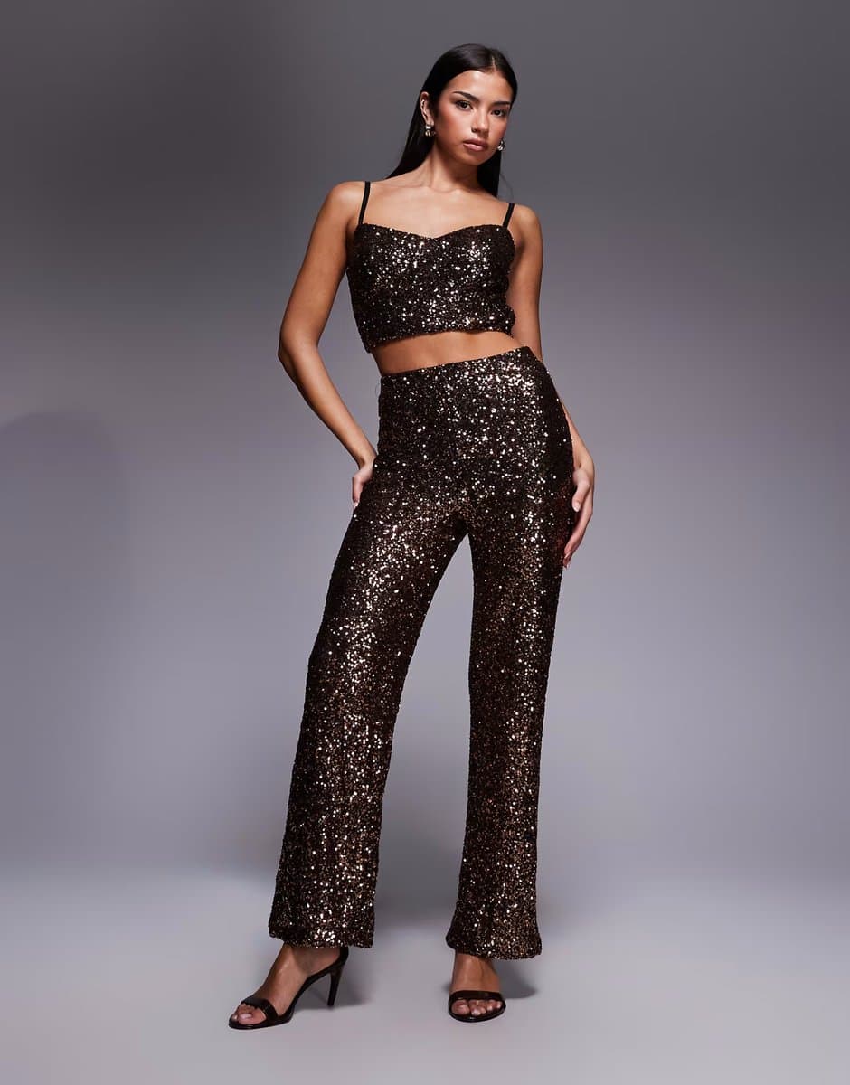 ASOS New Look co-ord sequin wide leg trousers & cami top in brown
