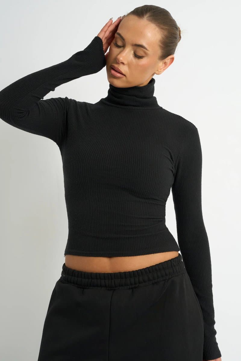 Kaiia Kaiia Rib Roll Neck Long Sleeve Top Black