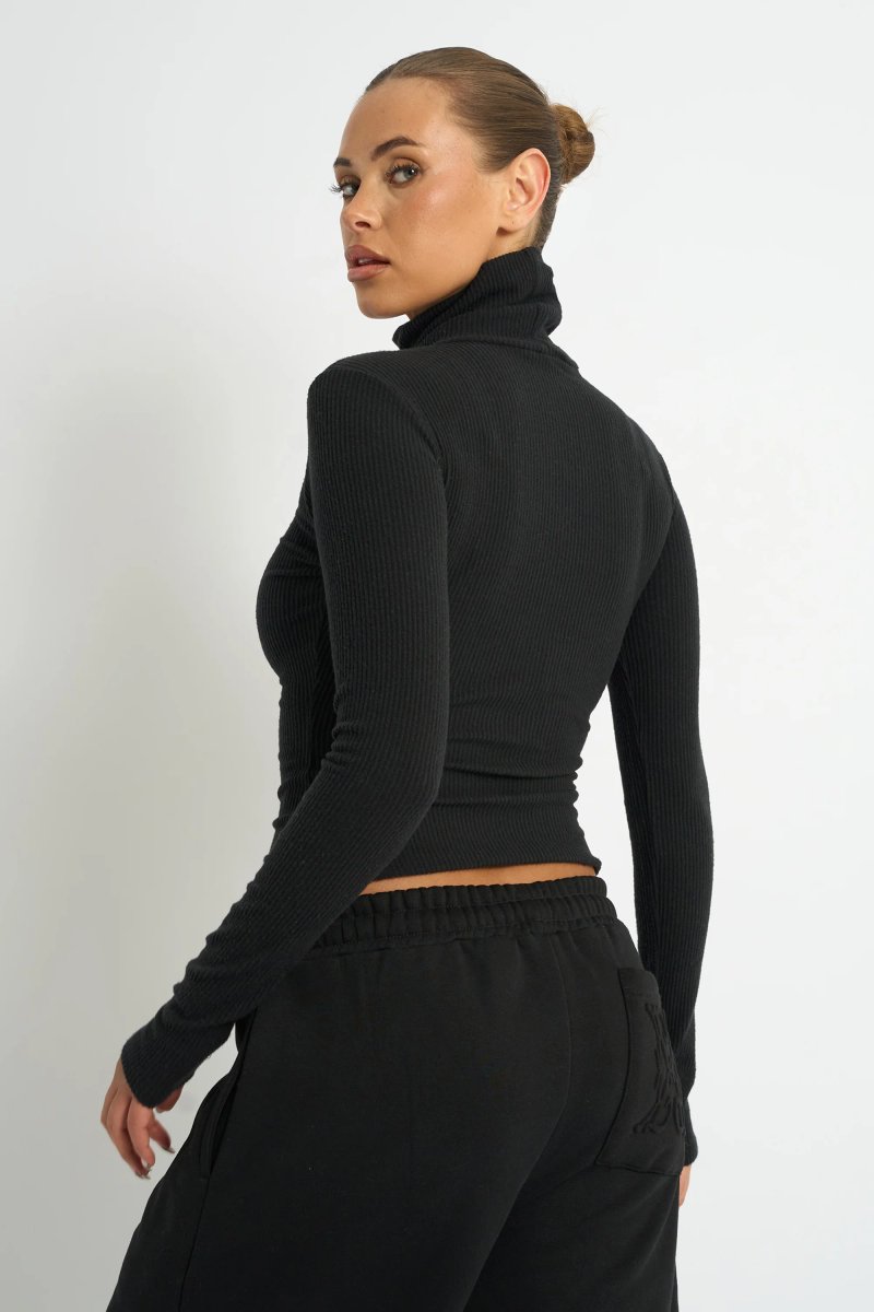 Kaiia Kaiia Rib Roll Neck Long Sleeve Top Black - 2