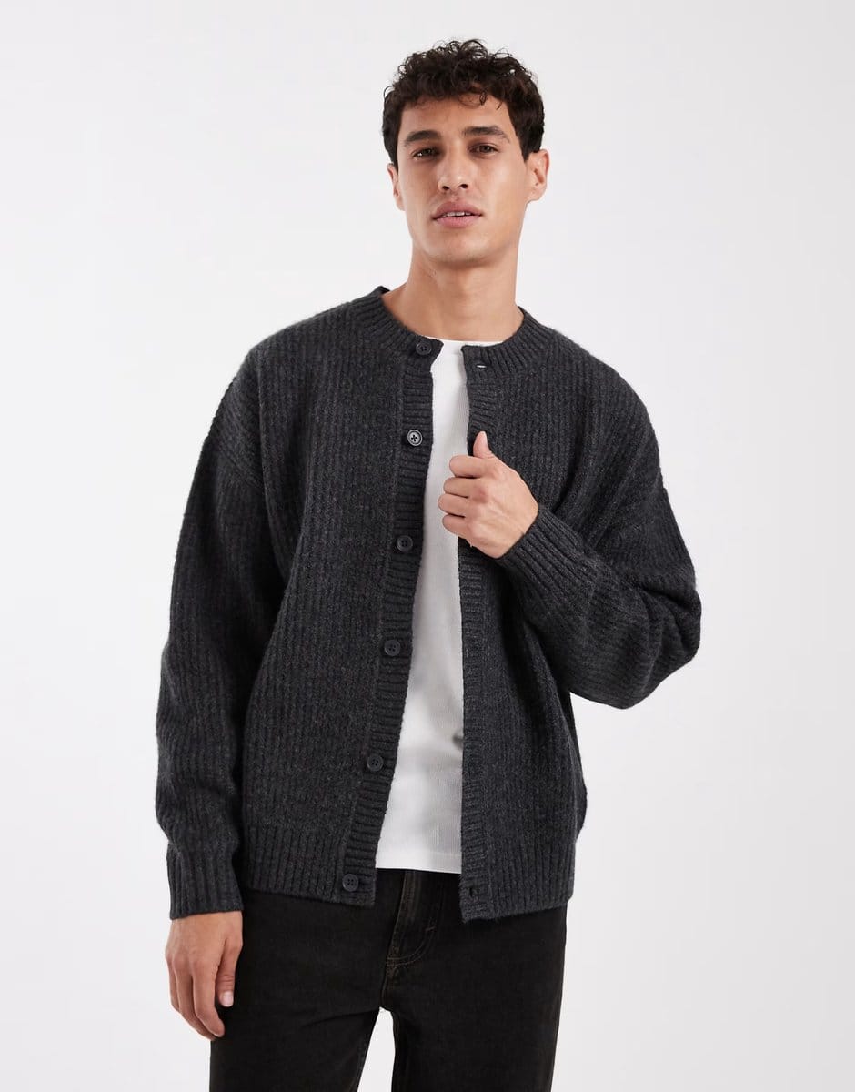 ASOS Jack & Jones crew neck cardigan in dark grey - 1