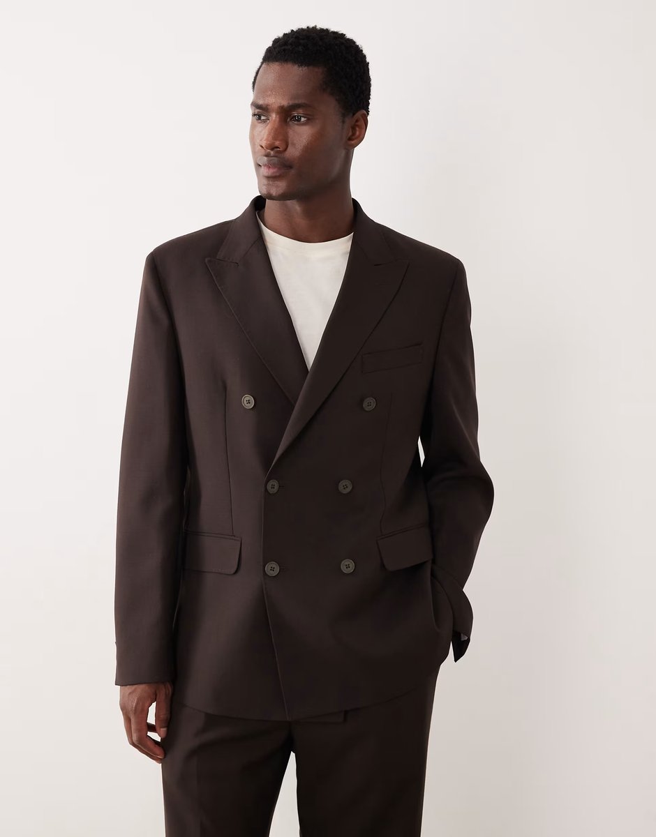 ASOS Mango Siena 100% wool double breasted suite blazer and tailored trouser co-ord in deep brown - 2