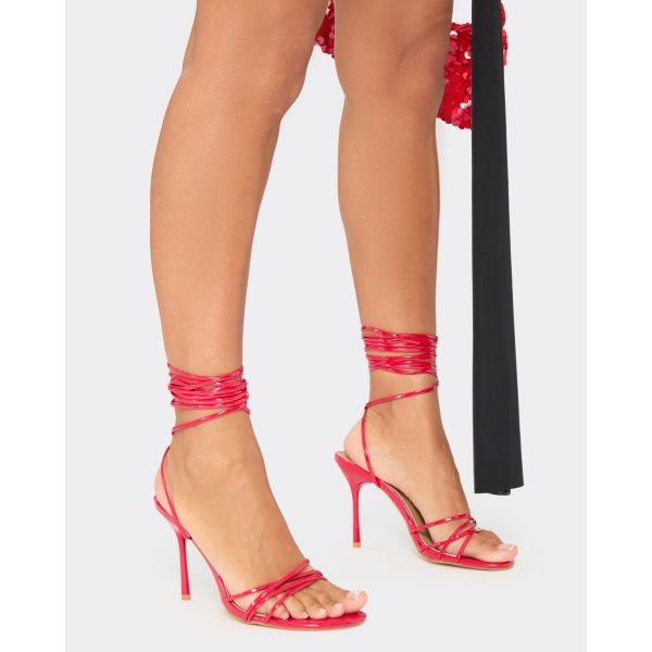 EGO Loveless Strappy Lace Up Stiletto Heel In Red Faux Leather, Women's Size UK 3 - 2