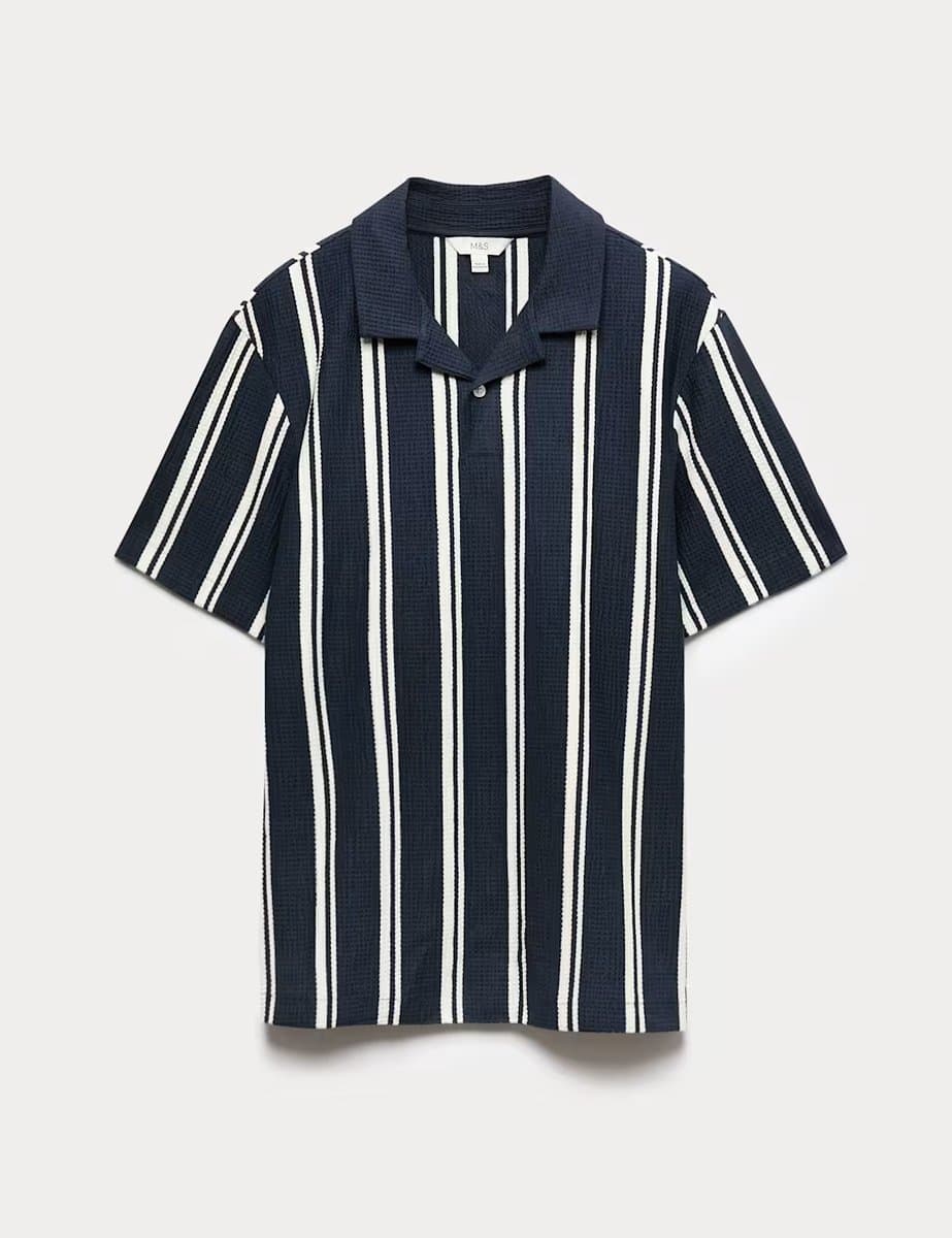 Marks & Spencer M&S Cotton Rich Striped Seersucker Polo Shirt Navy