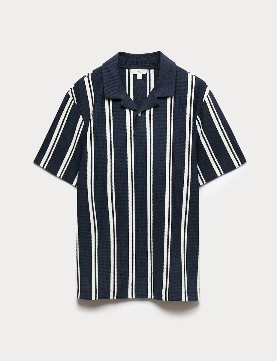 Marks & Spencer M&S Cotton Rich Striped Seersucker Polo Shirt Navy - 2