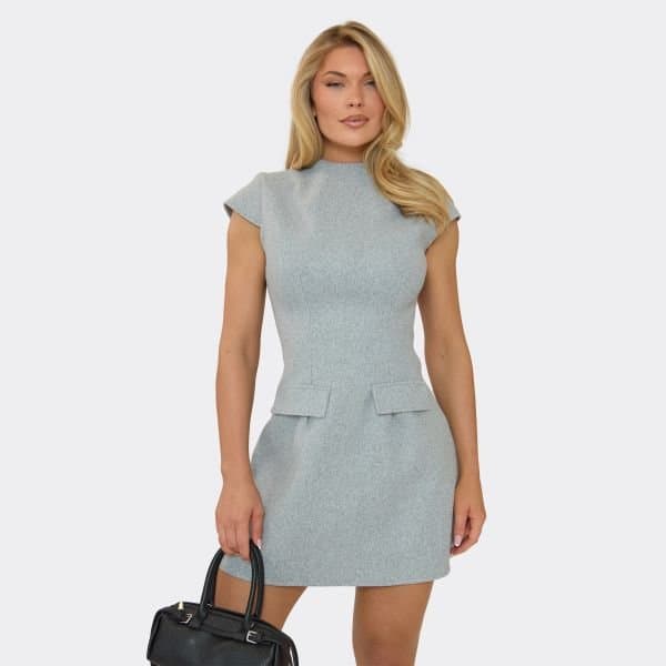 EGO Cap Sleeve High Neck Pocket Detail Mini Dress In Grey Wool-Look, Women's Size UK 6