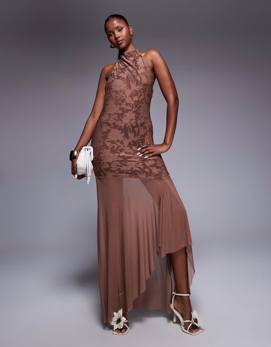 ASOS ASOS DESIGN highneck maxi dress with sheer skirt in brown