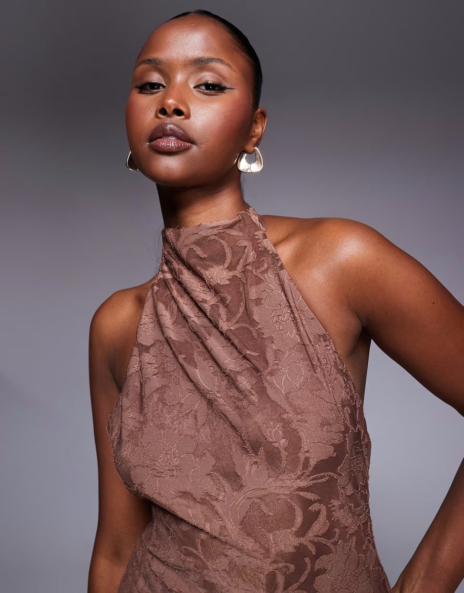 ASOS ASOS DESIGN highneck maxi dress with sheer skirt in brown - 3