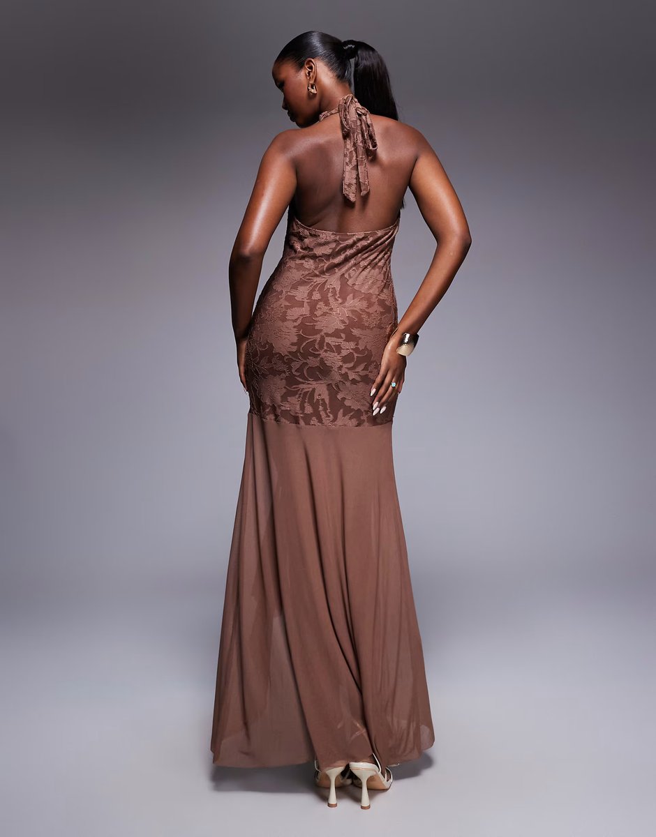 ASOS ASOS DESIGN highneck maxi dress with sheer skirt in brown - 4