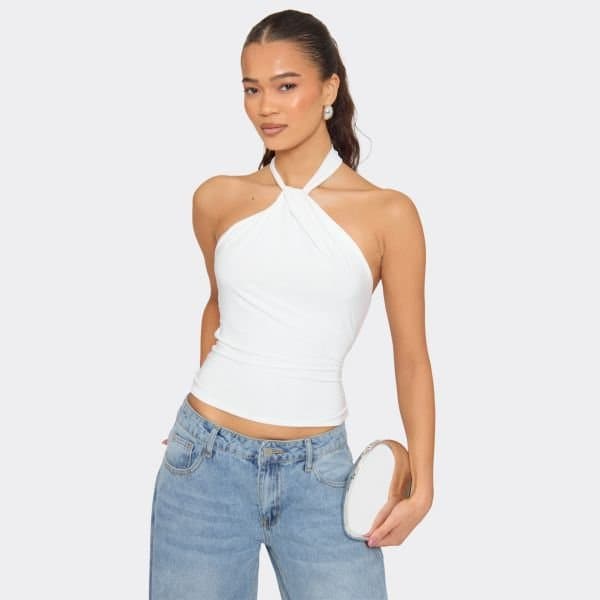 EGO Halterneck Twist Knot Detail Open Back Top In White, Women's Size UK 6