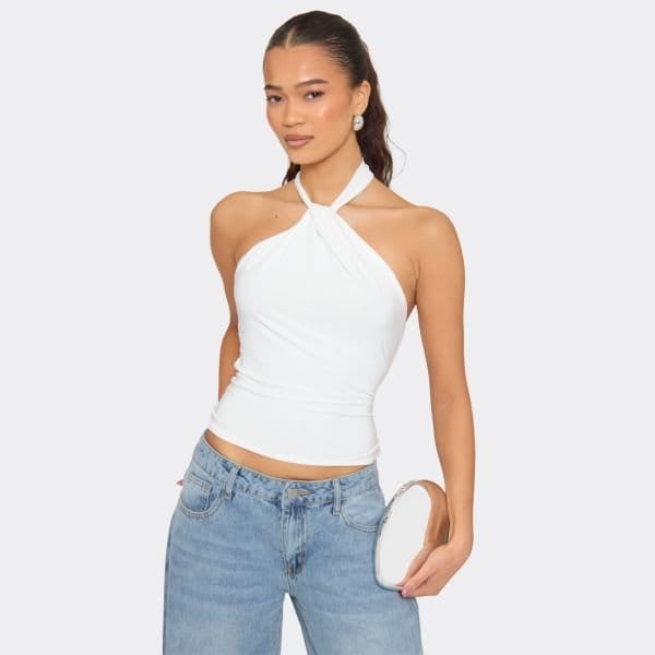 EGO Halterneck Twist Knot Detail Open Back Top In White, Women's Size UK 6 - 1