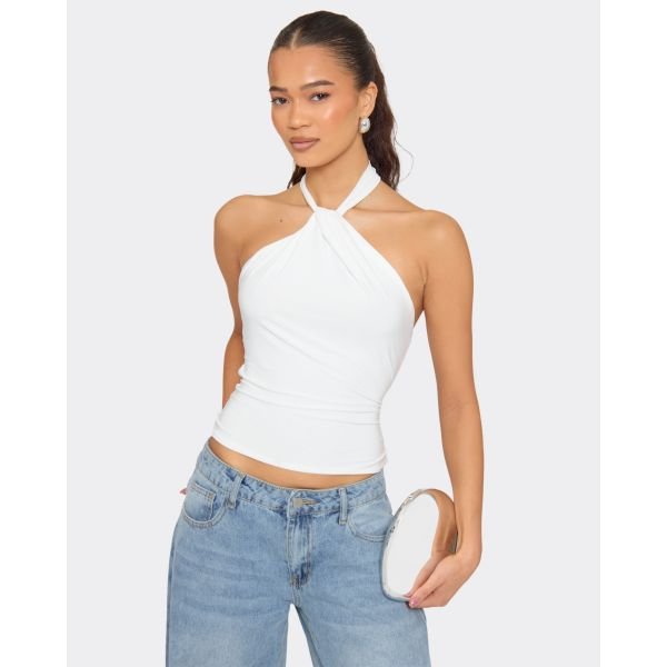 EGO Halterneck Twist Knot Detail Open Back Top In White, Women's Size UK 6 - 2