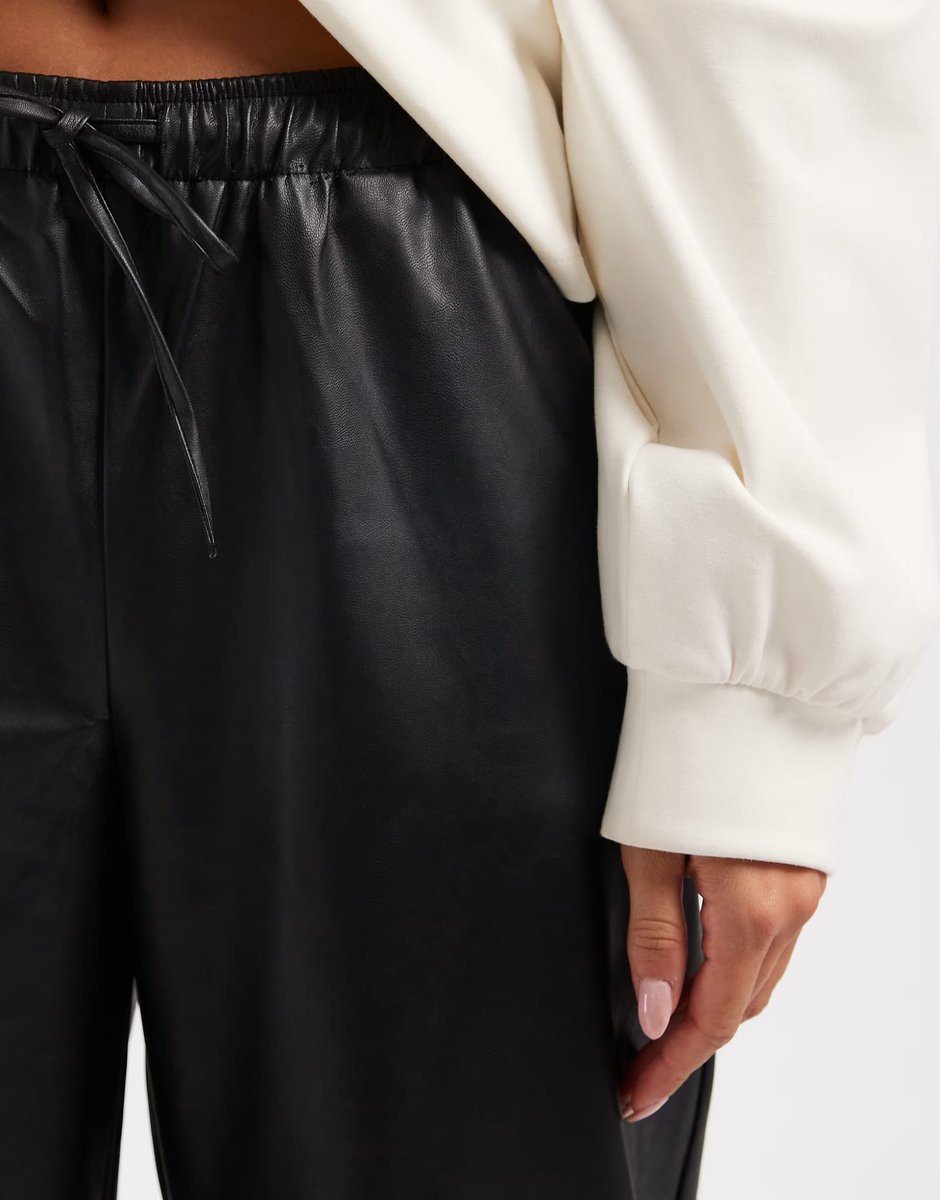 ASOS Vero Moda tie waist wide leg faux leather trouser in black - 3