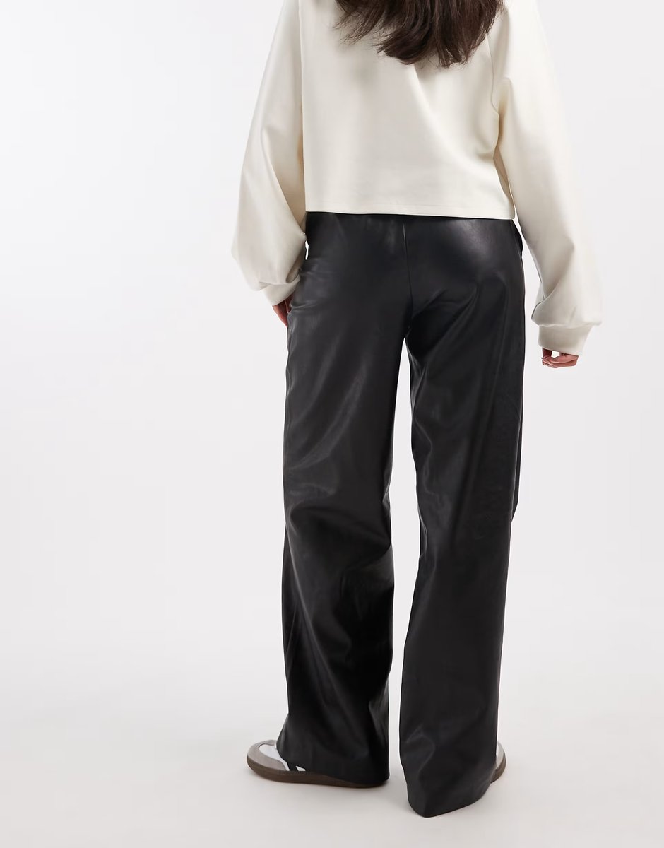 ASOS Vero Moda tie waist wide leg faux leather trouser in black - 4