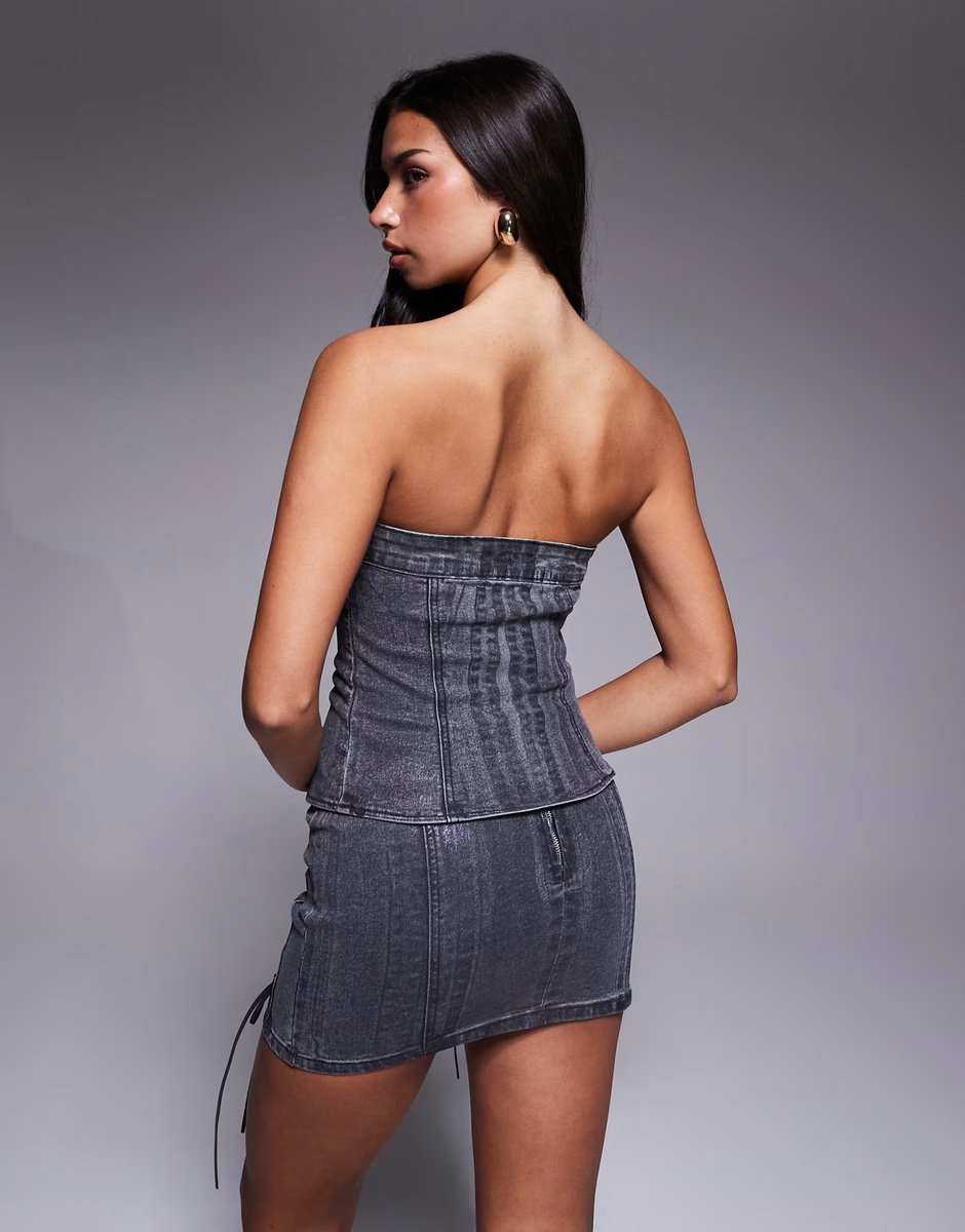ASOS Liquor N Poker lace up pu coated denim corset co-ord in charcoal  - 3