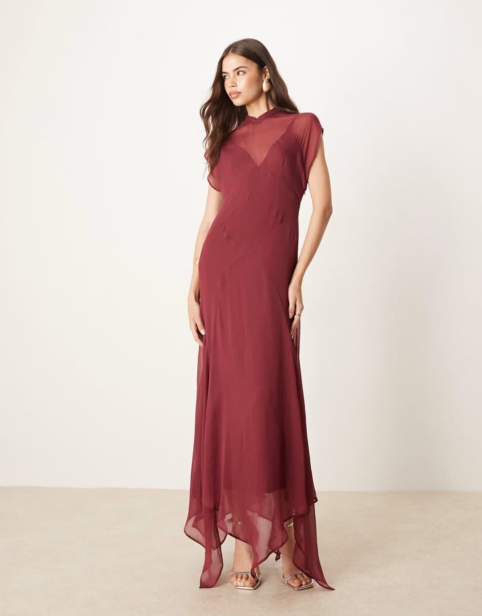 ASOS ASOS DESIGN Tall high neck hanky hem chiffon maxi dress in dark cherry