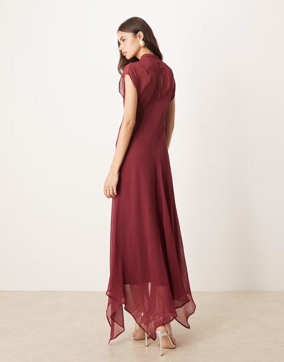 ASOS ASOS DESIGN Tall high neck hanky hem chiffon maxi dress in dark cherry - 3
