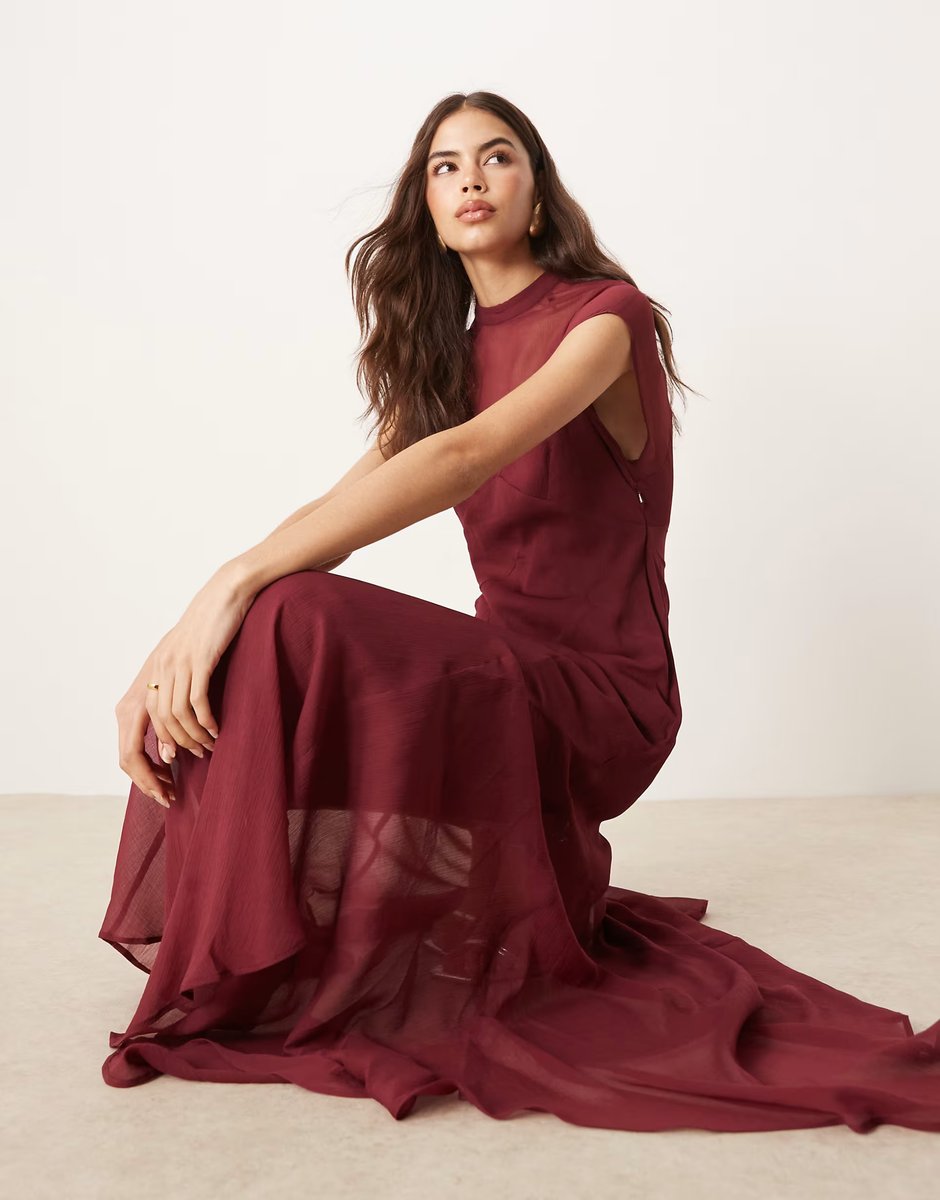 ASOS ASOS DESIGN Tall high neck hanky hem chiffon maxi dress in dark cherry - 4