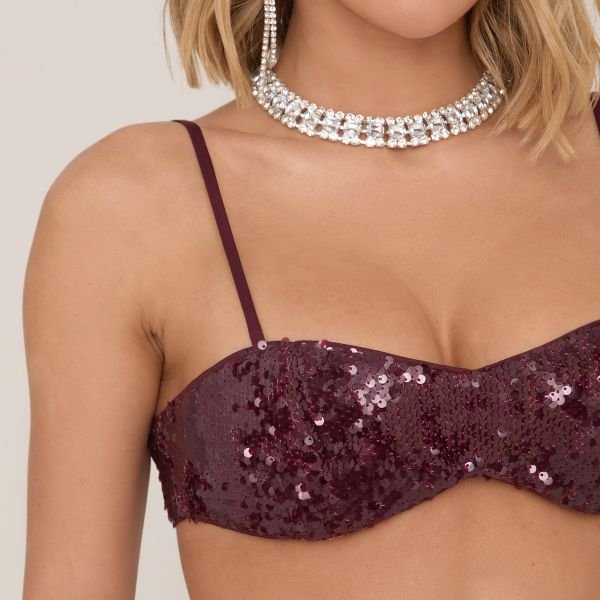 EGO Strappy Bralet In Burgundy Sequin, Women's Size UK 12 - 2