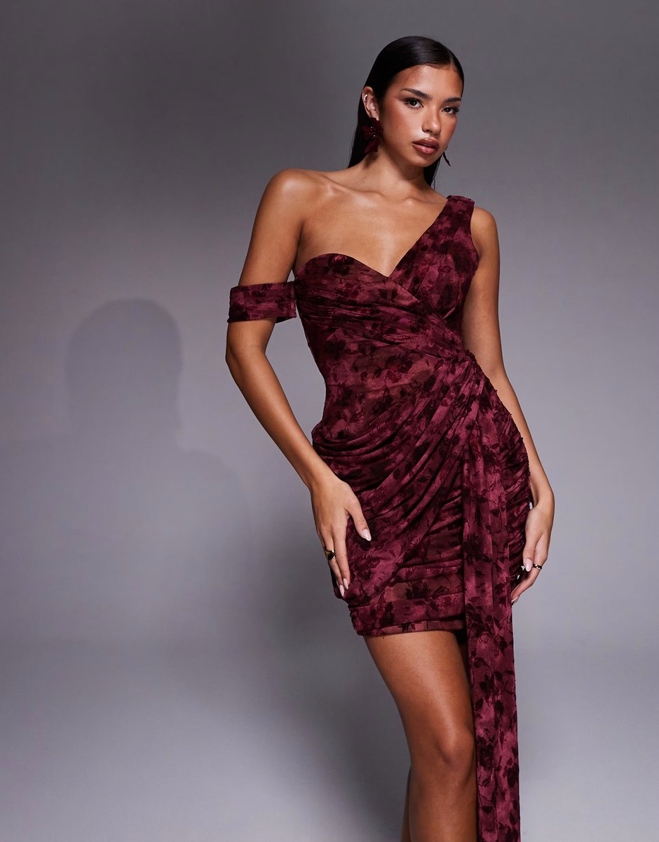 ASOS JLUXLABEL Soiree off shoulder draped mini dress in burgundy floral - 3