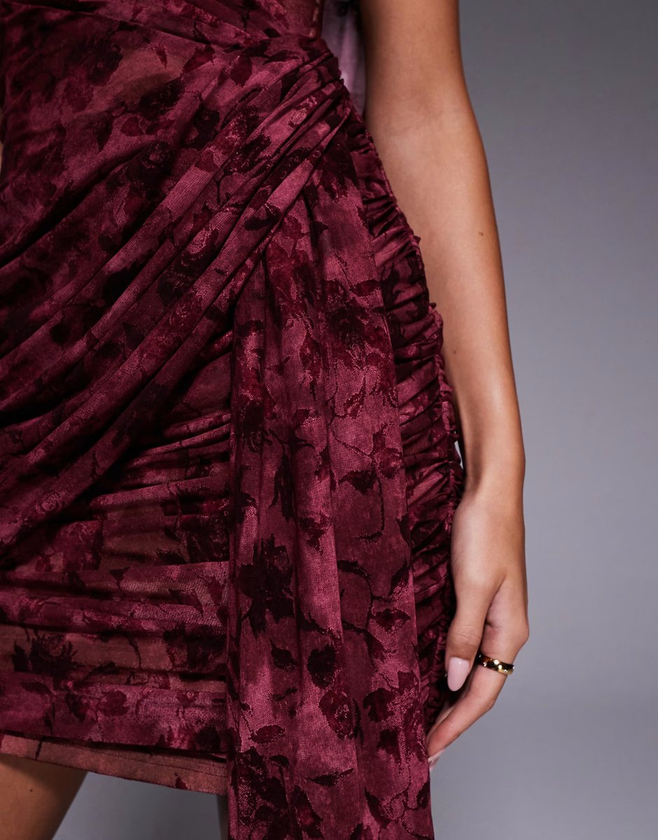 ASOS JLUXLABEL Soiree off shoulder draped mini dress in burgundy floral - 4