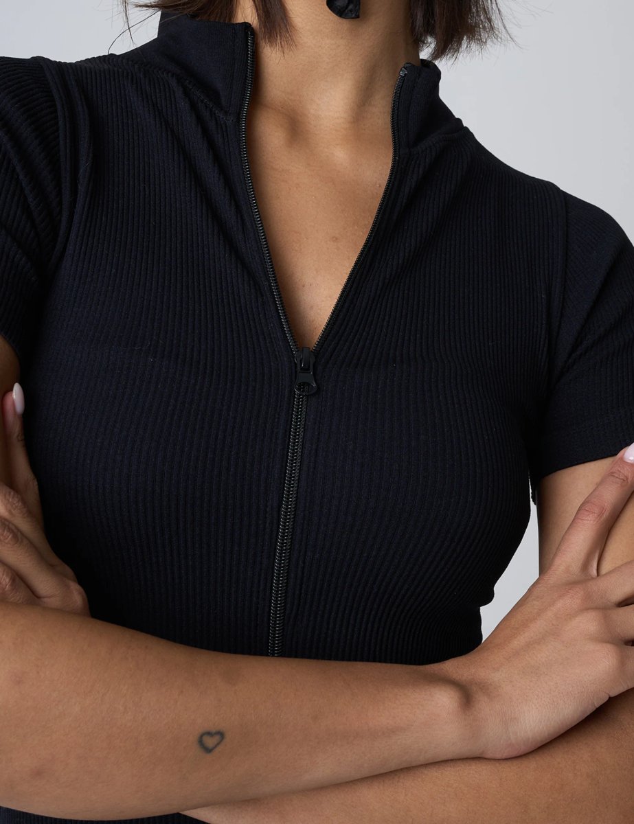 Public Desire Ribbed Zip Up Unitard Black - 4