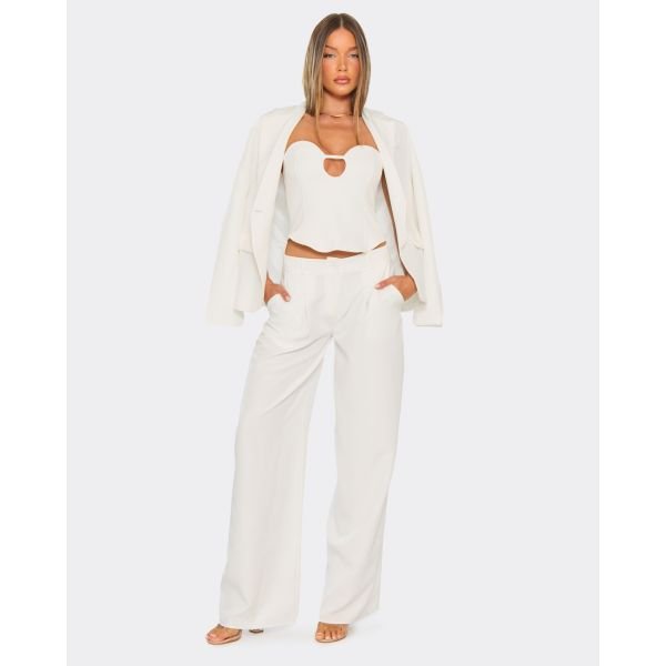 EGO Low Rise Pleat Detail Wide Leg Trousers In White, Women's Size UK 8 - 2