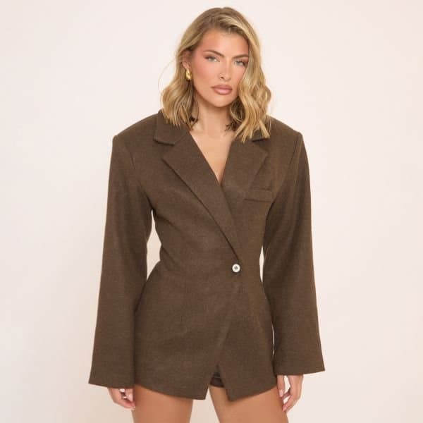 EGO Long Sleeve Cinched Waist Wool Look Blazer In Brown, Women's Size UK 6