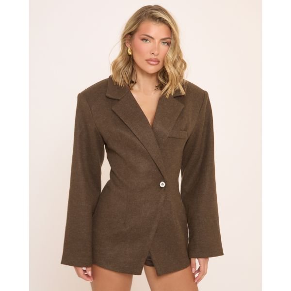 EGO Long Sleeve Cinched Waist Wool Look Blazer In Brown, Women's Size UK 6 - 2