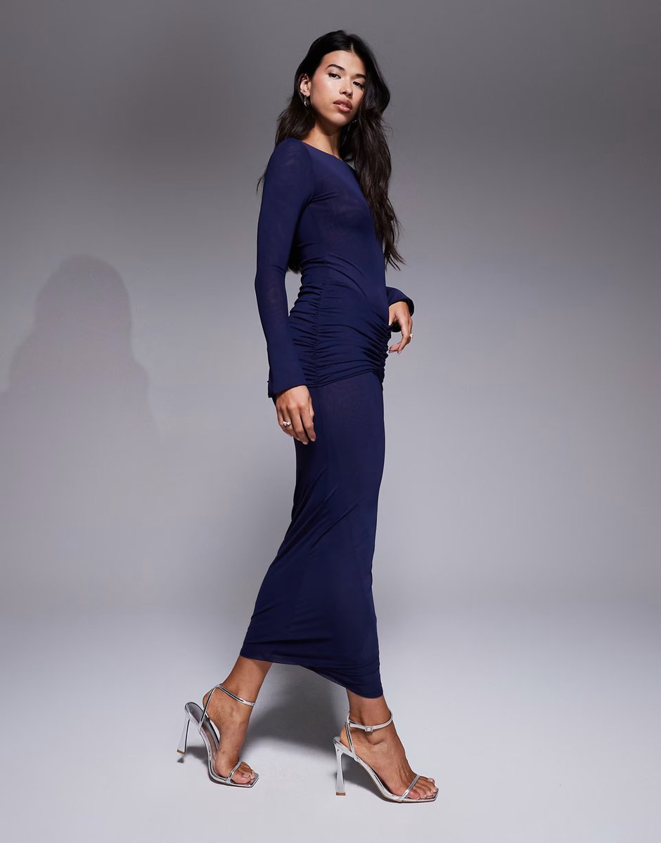 ASOS Ruched & Ready mesh long sleeve bodysuit co-ord in navy - 2