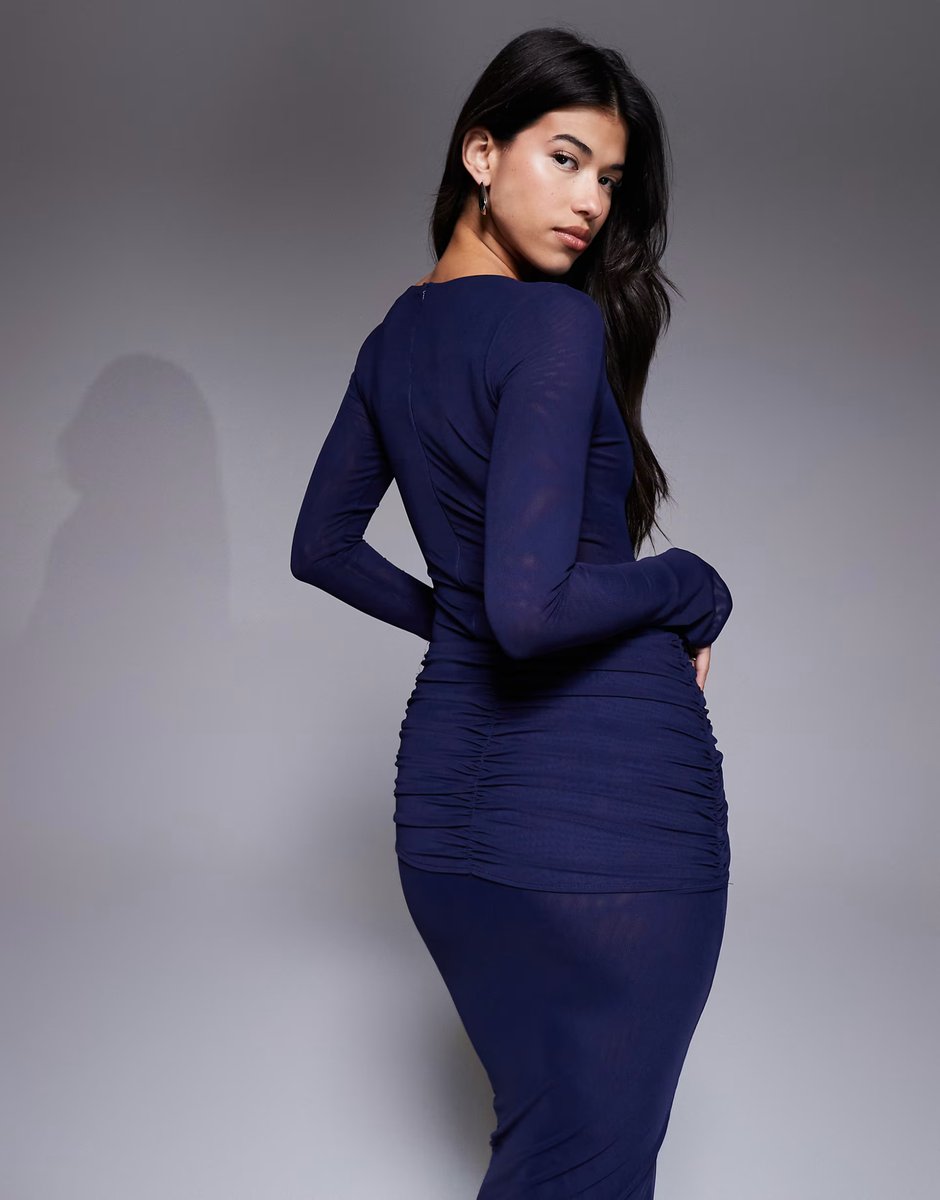 ASOS Ruched & Ready mesh long sleeve bodysuit co-ord in navy - 4