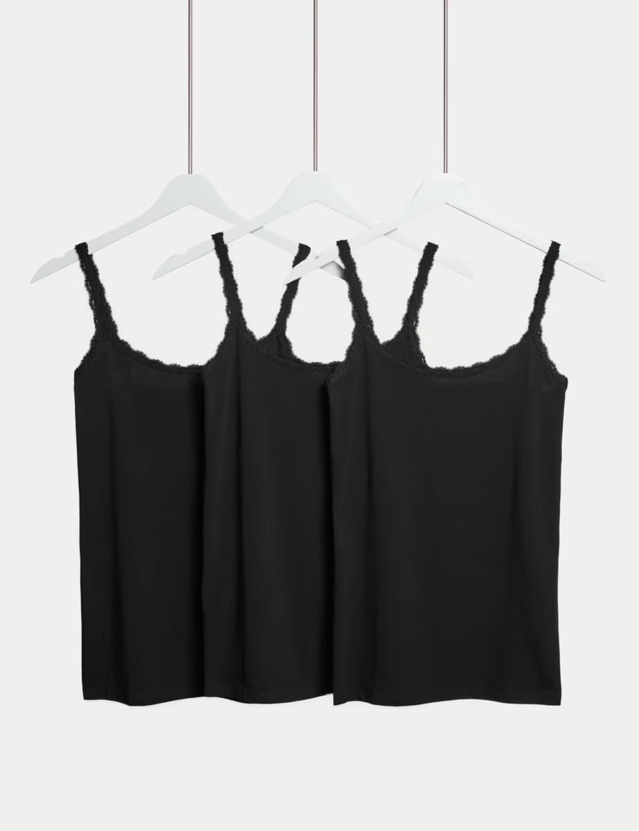 Marks & Spencer M&S 3pk Cotton Rich Lace Trim Vests Black