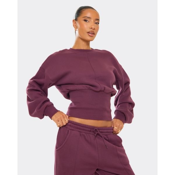 EGO Long Sleeve Seam Detail Cinched Waist Sweatshirt In Plum, Women's Size UK 6 - 2