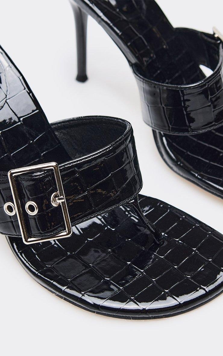 EGO Kora Thong Buckle Strap Heeled Mule In Black Croc Print Faux Leather, Women's Size UK 3 - 2