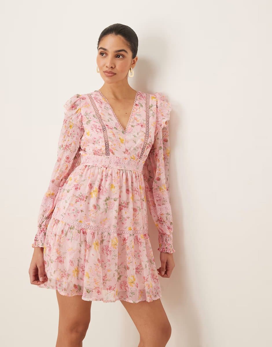 ASOS Vila ladder lace frill detail mini dress in peach floral print