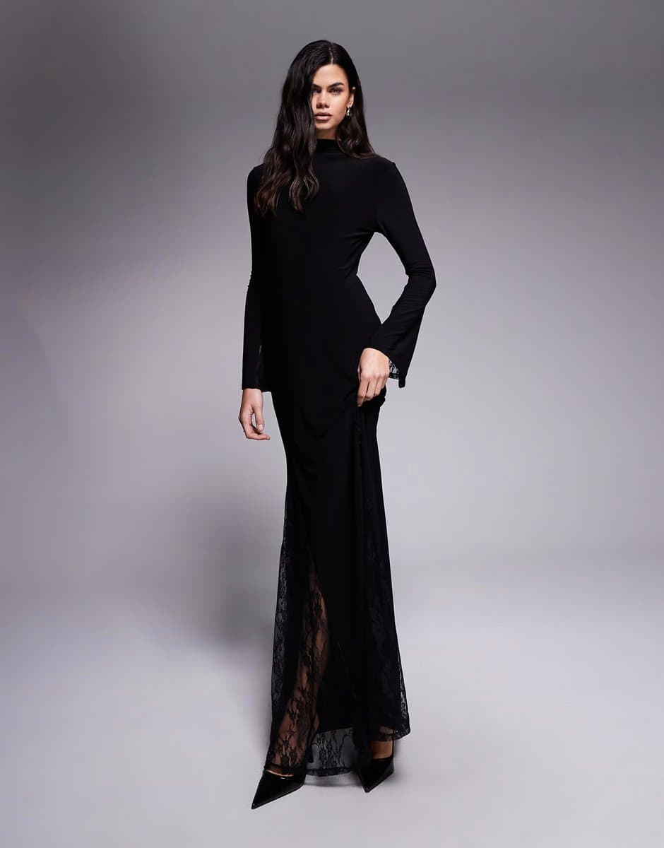 ASOS ASOS DESIGN highneck maxi dress with sheer lace godets and layered sleeve in black