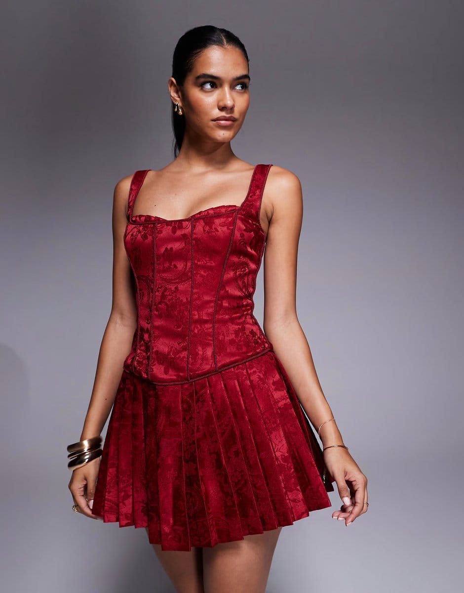 ASOS Murci satin jacquard structured corset square neck pleated mini dress in red - 1