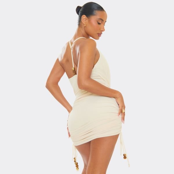 EGO Cowl Front Ruched Trim Detail Mini Dress In Cream, Women's Size UK 6 - 2