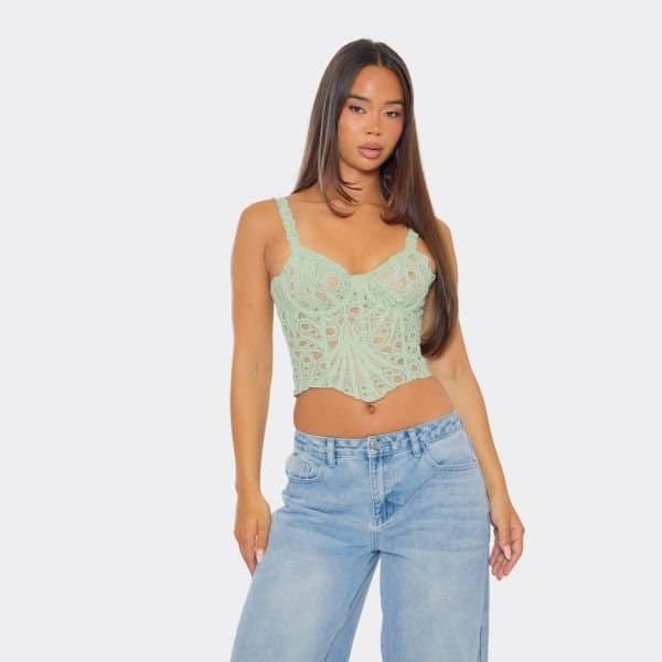 EGO Sweetheart Neckline Corset Lace Up Back Detail Top In Sage Green Lace, Women's Size UK 10