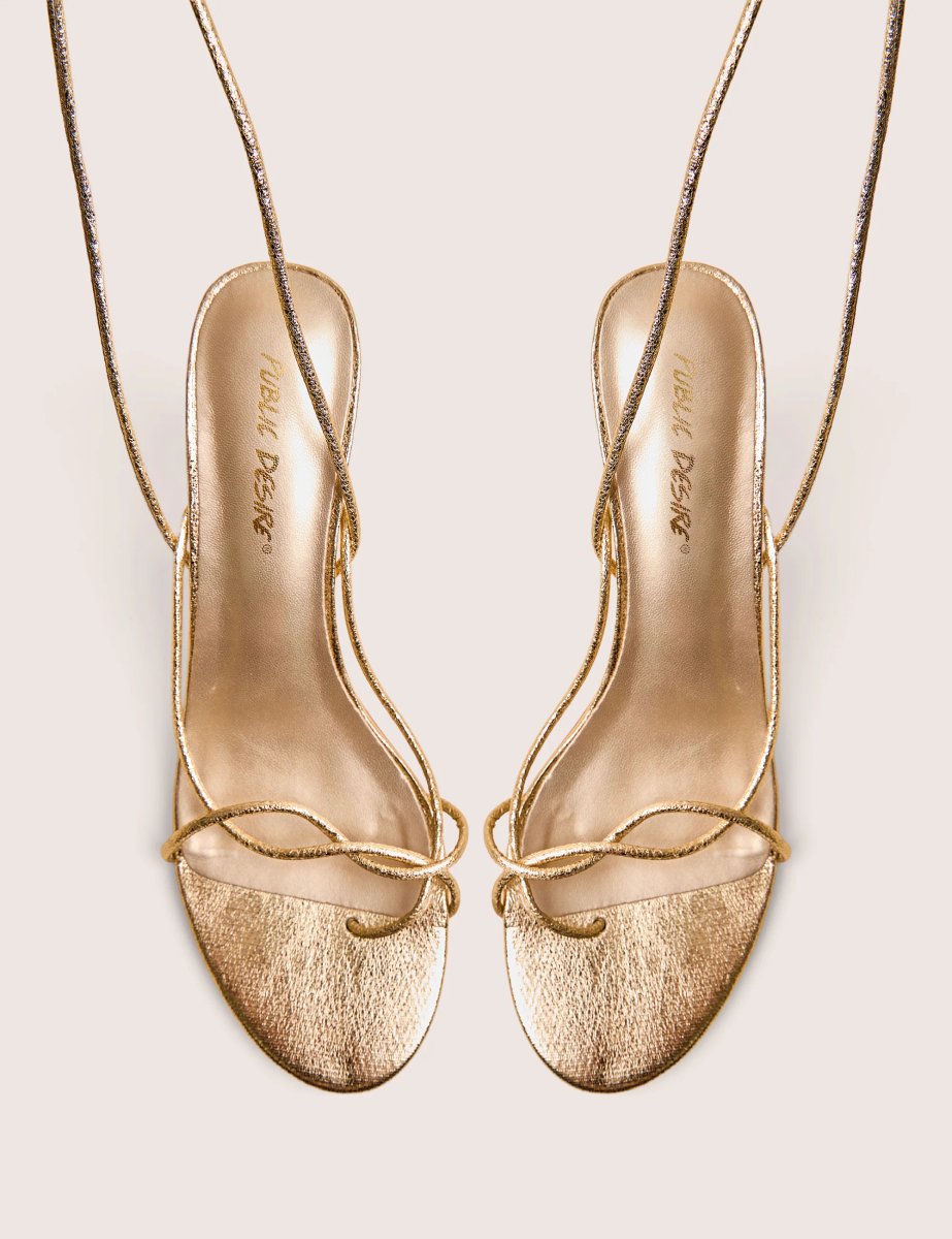 Public Desire Birdie Gold Cracked Pu Lace Up Mid Heels - 2