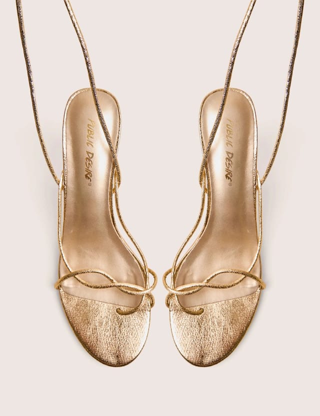 Public Desire Birdie Gold Cracked Pu Lace Up Mid Heels - 2